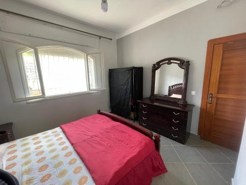 1 dormitorio con cama, tocador y espejo en Traditional forest villa, 