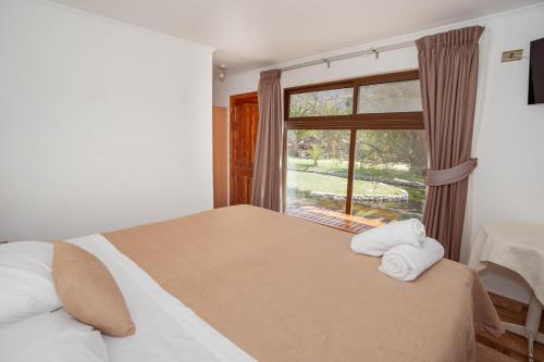 Un dormitorio con una cama grande y una ventana en Hotel Naturaleza Vertientes de Elqui, en El Molle