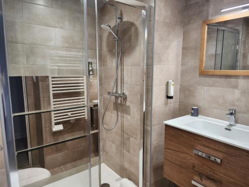 W łazience znajduje się prysznic i umywalka. w obiekcie Auberge la musardière w mieście Chagny