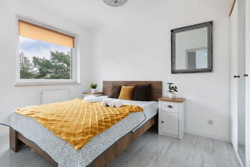 1 dormitorio con cama y espejo en la pared en Mieszkanie blisko Zawiszy, en Bydgoszcz