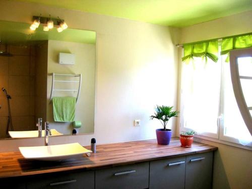 une salle de bain avec un lavabo et un grand miroir dans l'établissement maison de rêve dans un écrin de verdure au calme, à Eccica-Suarella