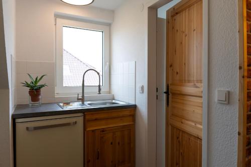 een keuken met een wastafel en een raam bij Rosewood - Apartment by Comfort Housing in Falkensee