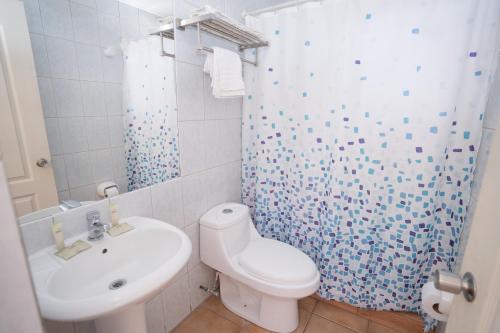 a bathroom with a sink and a toilet and a shower at Hotel Naturaleza Vertientes de Elqui in El Molle