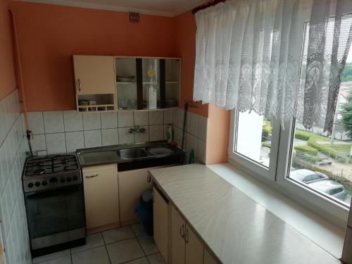a kitchen with a sink and a stove and a window at Apartament Szczytno centrum in Szczytno