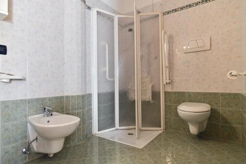 y baño con ducha, aseo y lavamanos. en Agritur Fantelli Nicola 5, en Monclassico