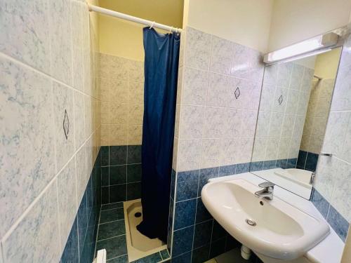 une salle de bain avec un lavabo et une douche dans l'établissement Quiberon: Charmant T3 avec terrasse, 20m de la plage, parking, animaux acceptés - FR-1-478-29, à Quiberon