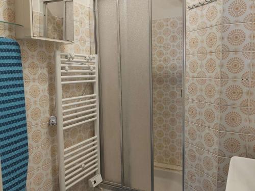 une douche avec une porte vitrée dans une salle de bain dans l'établissement Appartement T2 avec piscine et parking au Barcarès - FR-1-195-84, au Barcarès