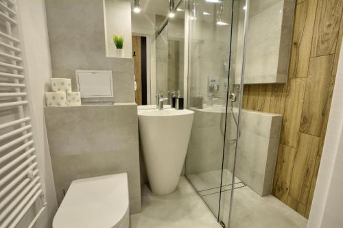 a bathroom with a toilet and a sink and a shower at Apartament Centrum in Polanica-Zdrój