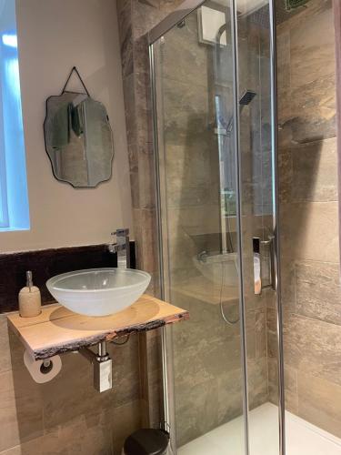 W łazience znajduje się umywalka i prysznic. w obiekcie High Barn w mieście Thursley