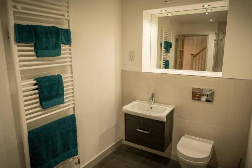 a bathroom with a sink and a toilet and a mirror at Cart House - Stunning Cottage - Axbridge in Axbridge