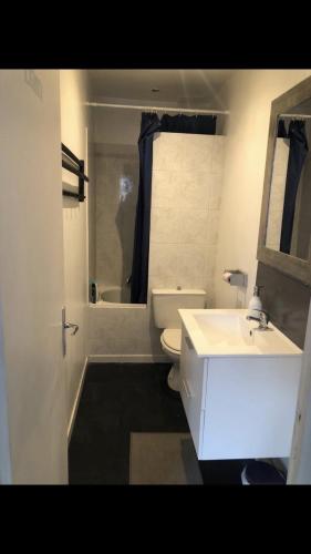 une salle de bain blanche avec un lavabo et des toilettes dans l'établissement Appartement paris 14, à Paris