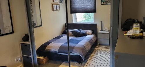 um quarto com uma cama e um espelho em 1 Bedroom Flat 27 Mins to London Victoria em Sydenham