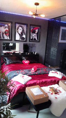 a bedroom with a red bed and pictures on the wall at Discrète room 38 in Saint-Étienne-de-Saint-Geoirs