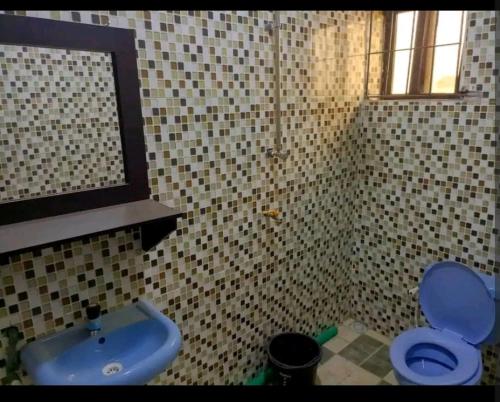 a bathroom with a blue toilet and a sink at Hibis k hotel (green gate) in Lagos