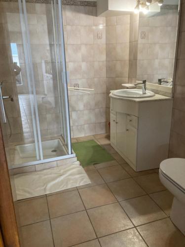 uma casa de banho com um chuveiro, um lavatório e um WC. em Au bon lieu em Bouloc