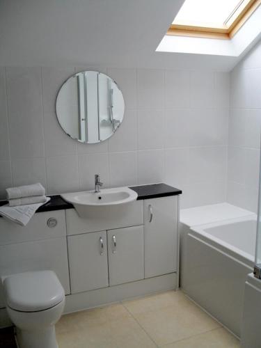 a bathroom with a sink and a toilet and a mirror at Swallows Swoop at Tove Valley Cottages in Towcester
