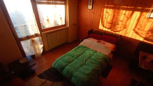 a small bedroom with a green bed in a room at Appartamento Oasi Zegna in Bielmonte