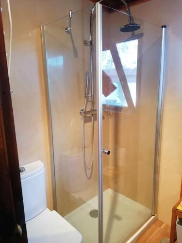 a bathroom with a shower and a toilet at Casa da Lagoa - House by the Lagoon with Direct Access to the Beach in Sesimbra