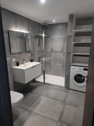 une salle de bain avec un lavabo et une machine à laver dans l'établissement Bel appartement spacieux à Porto-Vecchio, 10min à pieds du centre ville, à Porto-Vecchio