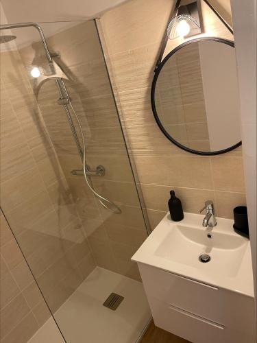 une salle de bain avec une douche, un lavabo et un miroir dans l'établissement Tres jolie studio au golf de Seilh, à Seilh