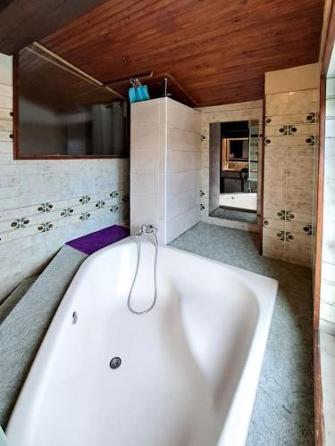 La salle de bains est pourvue d'une grande baignoire blanche. dans l'établissement L'échappée authentique-véranda climatisée-barbecue, à Plaisance-du-Touch