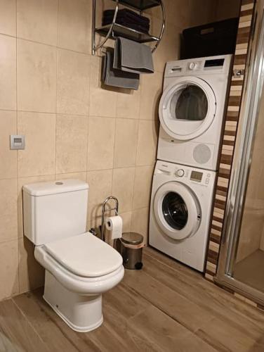 a bathroom with a toilet and a washing machine at Bungalow Esperanza in Costa Teguise