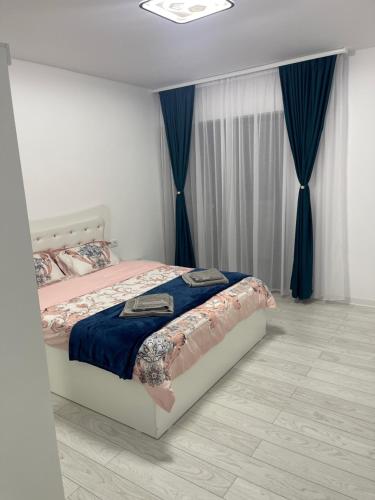 a bedroom with a bed with blue curtains at Liviu in Baia Mare