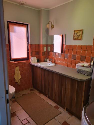 La salle de bains est pourvue d'un lavabo et de toilettes. dans l'établissement Dom Niebieski nad jeziorem Orzyskim, à Skomack Wielki