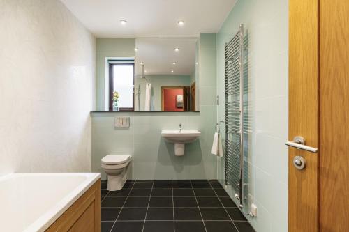 a bathroom with a sink toilet and a mirror at Lakeland Apartment At Windermere Marina Village in Bowness-on-Windermere