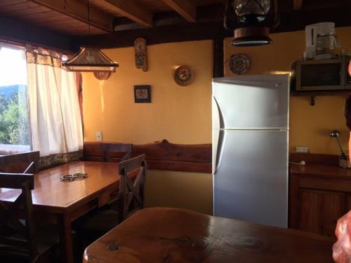 a kitchen with a refrigerator and a table and a dining room at Cabañas Ruca Nahuel in Villa La Angostura