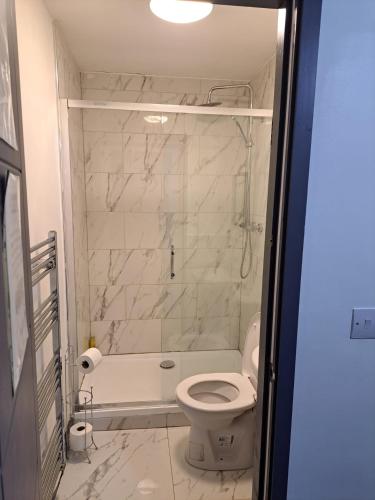 a bathroom with a toilet and a tub and a shower at 1 Bedroom Flat Available in Oldham