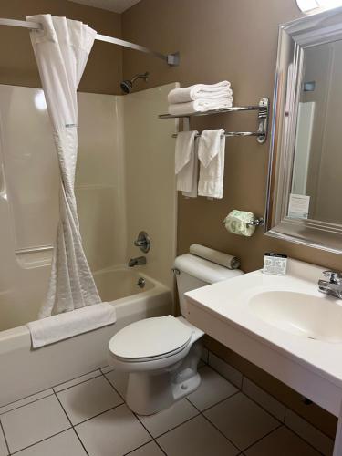 a bathroom with a white toilet and a sink at Super 8 by Wyndham Adrian in Adrian