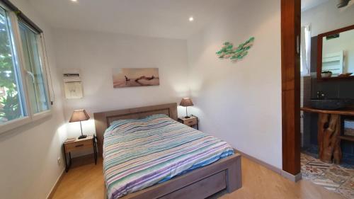 - une chambre avec un lit et deux lampes sur les tables dans l'établissement A VIGNA VECCHIA chambre d'hôtes, à Porto-Vecchio