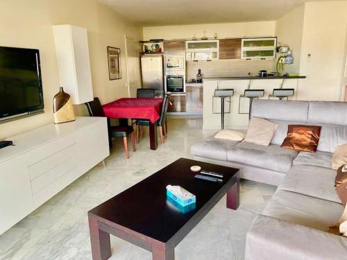un salon avec un canapé et une table dans l'établissement appartement terrasse Nice , chambre , La piscine, à Nice