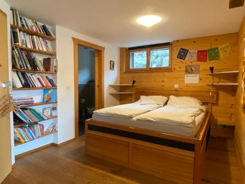 ein Schlafzimmer mit einem Bett und einem Bücherregal in der Unterkunft La Clé des Champs in Hérémence