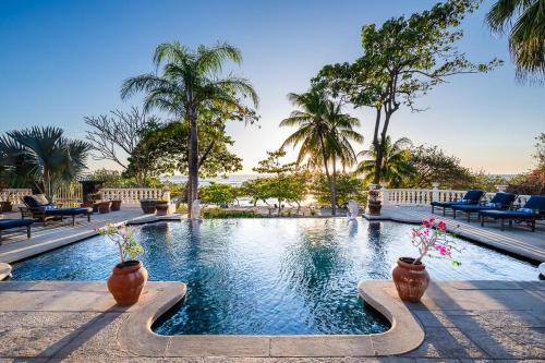 a swimming pool with two vases with flowers in it at Casa Libelula in Tamarindo