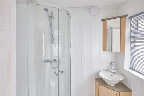 La salle de bains est pourvue d'une douche et d'un lavabo. dans l'établissement Mad Alice's Cottage, à Loftus