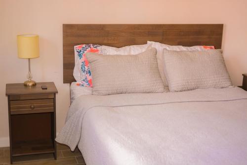 een slaapkamer met een bed met een houten hoofdeinde bij Tranquilo Departamento Frente al Parque O’Higgins in Santiago