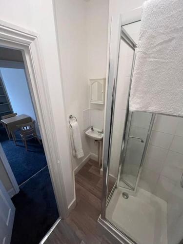 La salle de bains est pourvue d'une douche et d'un lavabo. dans l'établissement Cosy 1 bed in C.London, à Londres