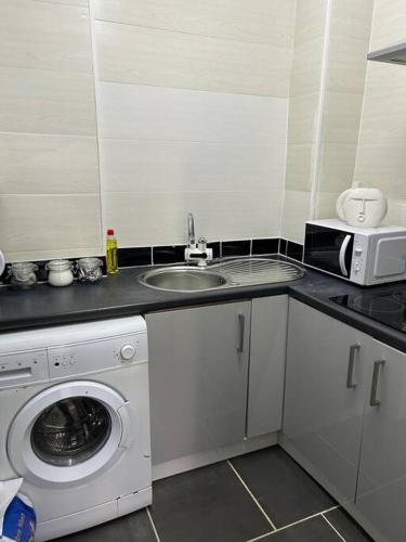 a kitchen with a sink and a washing machine at Cozy Downtown Studio Flat in Sheffield in Sheffield