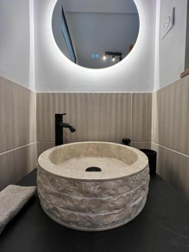 La salle de bains est pourvue d'un grand lavabo en pierre et d'un miroir. dans l'établissement Grand Cerf - Centre historique, à Reims