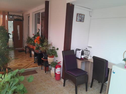 オトペニにあるOld Pensiunea Otopeniの椅子とテーブル、キッチンが備わる客室です。