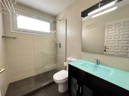 uma casa de banho com um lavatório, um WC e um espelho. em Agi Riu Segre Villa em Roses