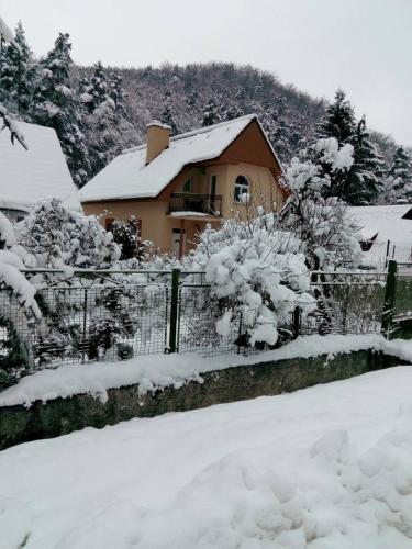 a house with a fence covered in snow at Chata Remata 879 in Handlová