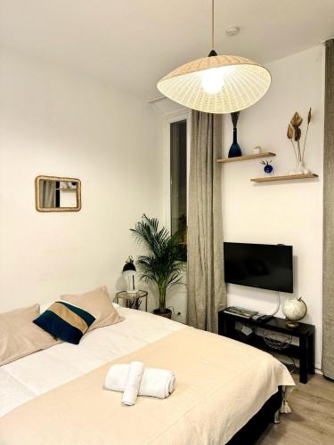 a bedroom with two beds and a flat screen tv at Cannes: superbe studio x3 personnes, top position! in Cannes