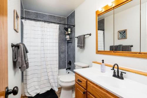 a bathroom with a sink and a toilet and a mirror at 5BR Lakefront Getaway with hot tub in Cadillac