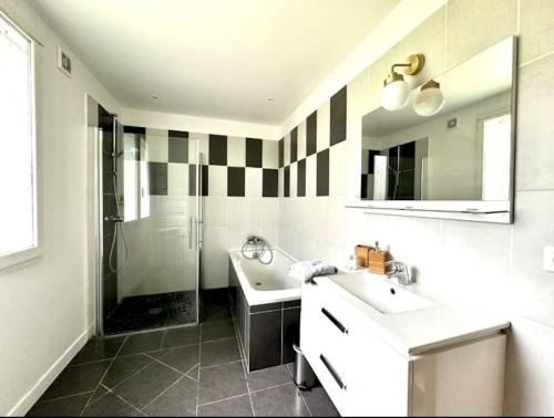 une salle de bain avec un lavabo, une douche et un miroir dans l'établissement Agréable maison au cœur du parc régional du Perche, à Longny-au-Perche