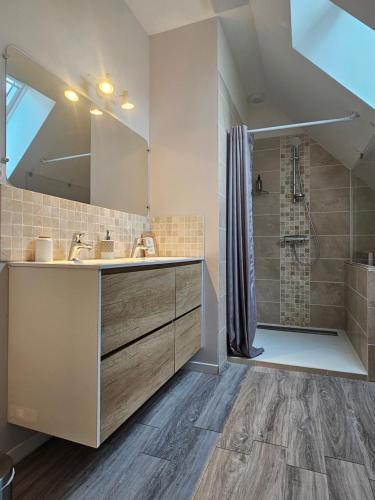 La salle de bains est pourvue d'un lavabo et d'une douche. dans l'établissement Gîte de charme Le 14 La Bruyère. Chez Sophie., à Pouillé