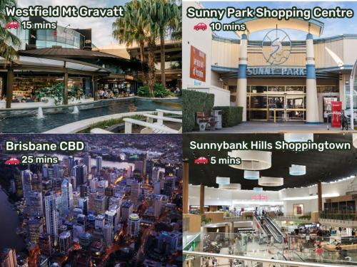 a collage of three pictures of a shopping mall at 2024 Brand-new 5BR Comfort House in SunnybankHills in Brisbane
