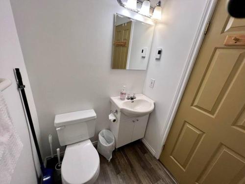 a bathroom with a toilet and a sink and a mirror at Alpenrose , hottub, Big Deck, Mountain Views in Golden